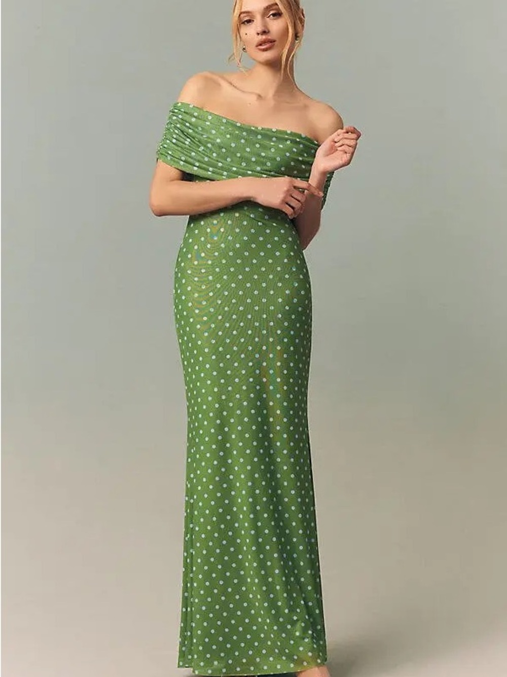 AFRM Off-Shoulder Green Polka Dot Maxi Dress